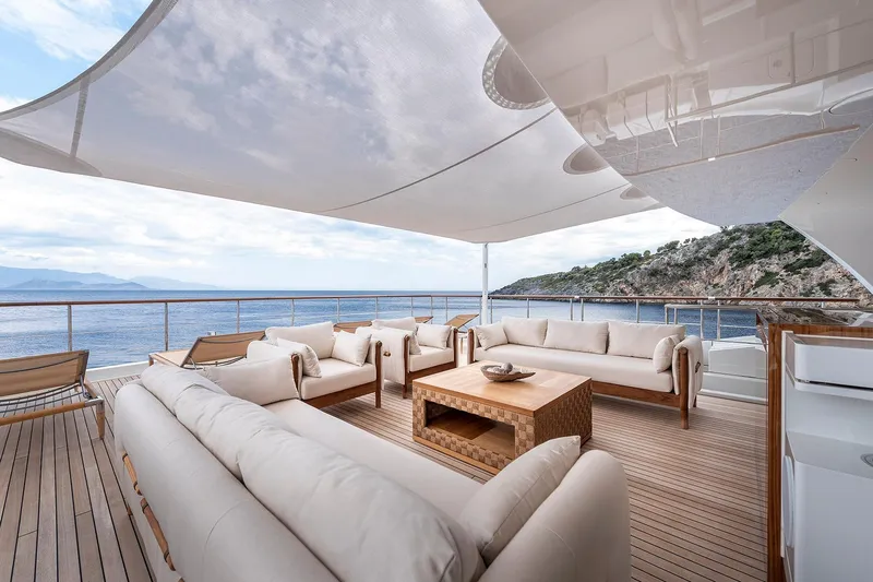 Sunrise Yacht Photos Pics Luxurious Yildiz 141 yacht deck with elegant seating, ocean view, and modern design, 2019 model.
