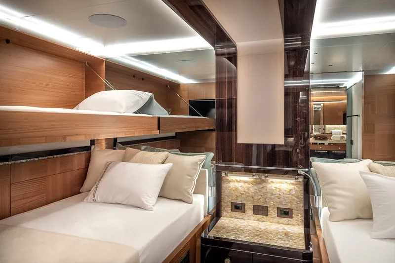 Sunrise Yacht Photos Pics Luxurious 2019 Yildiz 141 yacht cabin with modern wood finishes and ambient lighting.