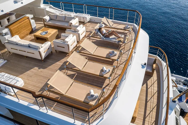 Sunrise Yacht Photos Pics Luxurious Yildiz 141 yacht deck with sun loungers and seating, 2019 model.