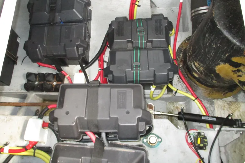 New Lease On Life Yacht Photos Pics Electrical system of a 2004 Meridian 340 boat with battery boxes and wiring.