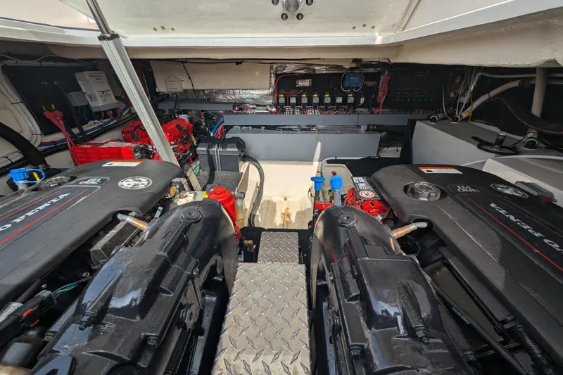  Yacht Photos Pics Engine room of 2020 Regal 38 Grande Coupe with dual engines and control systems.