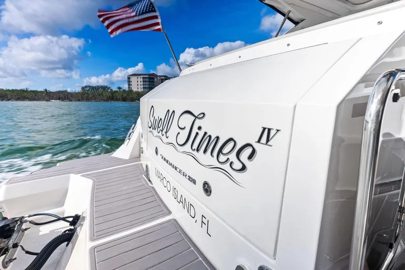 Swelltimes IV Yacht Photos Pics 2022 Sea Ray Sundancer 320 OB boat with "Swell Times IV" name, American flag, Marco Island, FL.