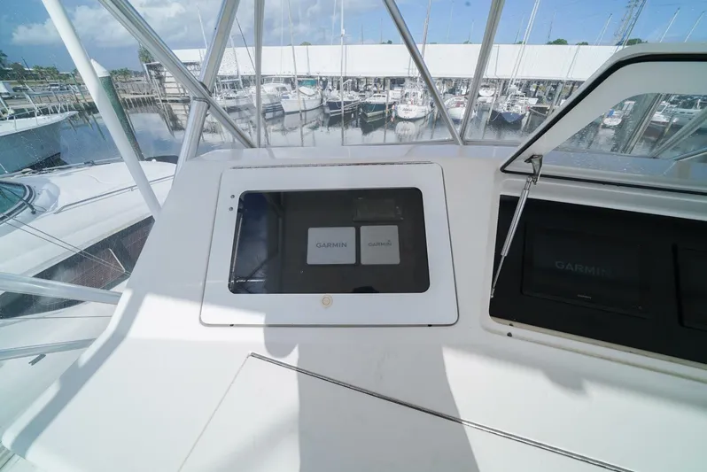 Bad Habits Yacht Photos Pics 2007 Viking 45 Convertible yacht helm with Garmin navigation screens, docked at marina.