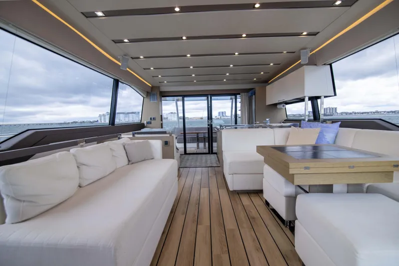 Prestige Worldwide Yacht Photos Pics Luxurious interior of 2018 Prestige 680 Flybridge yacht with elegant seating and wooden flooring.