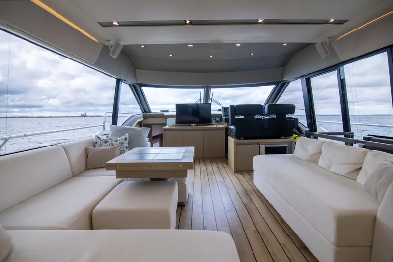 Prestige Worldwide Yacht Photos Pics Luxurious interior of 2018 Prestige 680 Flybridge yacht with elegant seating and panoramic windows.