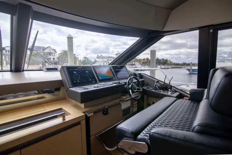 Prestige Worldwide Yacht Photos Pics Interior helm of 2018 Prestige 680 Flybridge yacht with modern navigation equipment.