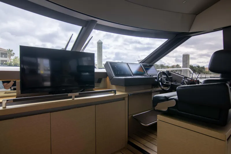 Prestige Worldwide Yacht Photos Pics Interior of 2018 Prestige 680 Flybridge yacht with modern helm and TV.