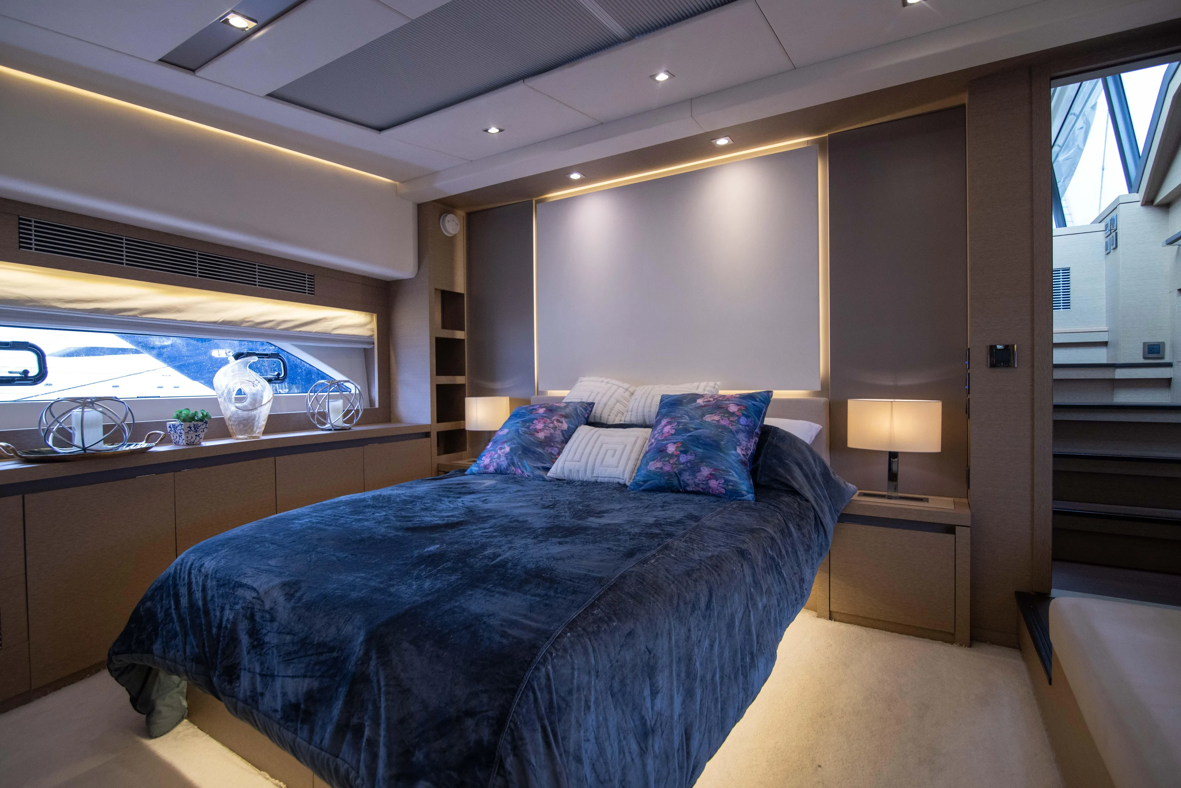 Prestige Worldwide Yacht Photos Pics Luxurious bedroom interior of 2018 Prestige 680 Flybridge yacht with elegant decor.