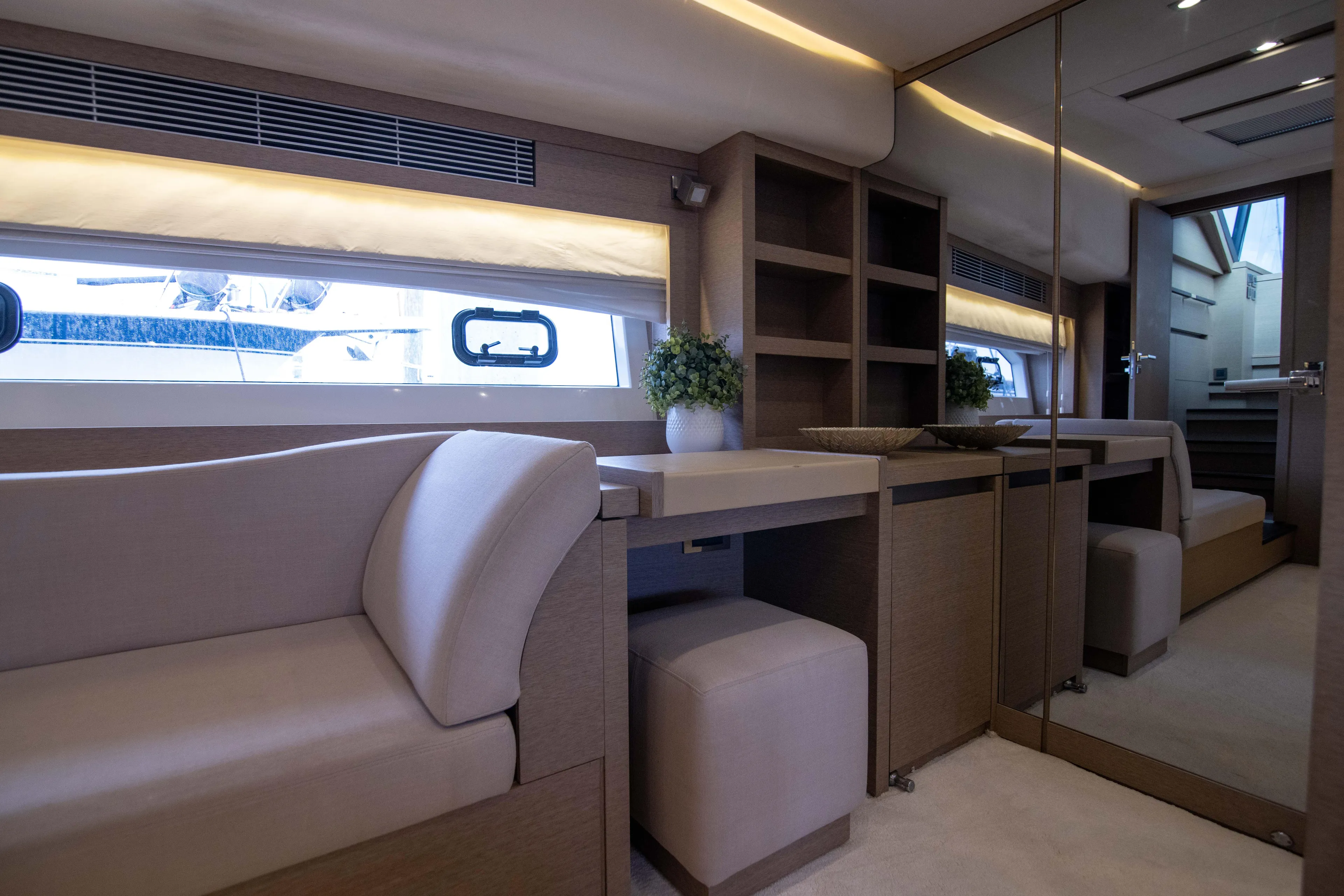 Prestige Worldwide Yacht Photos Pics Luxurious interior of 2018 Prestige 680 Flybridge yacht with elegant seating and decor.
