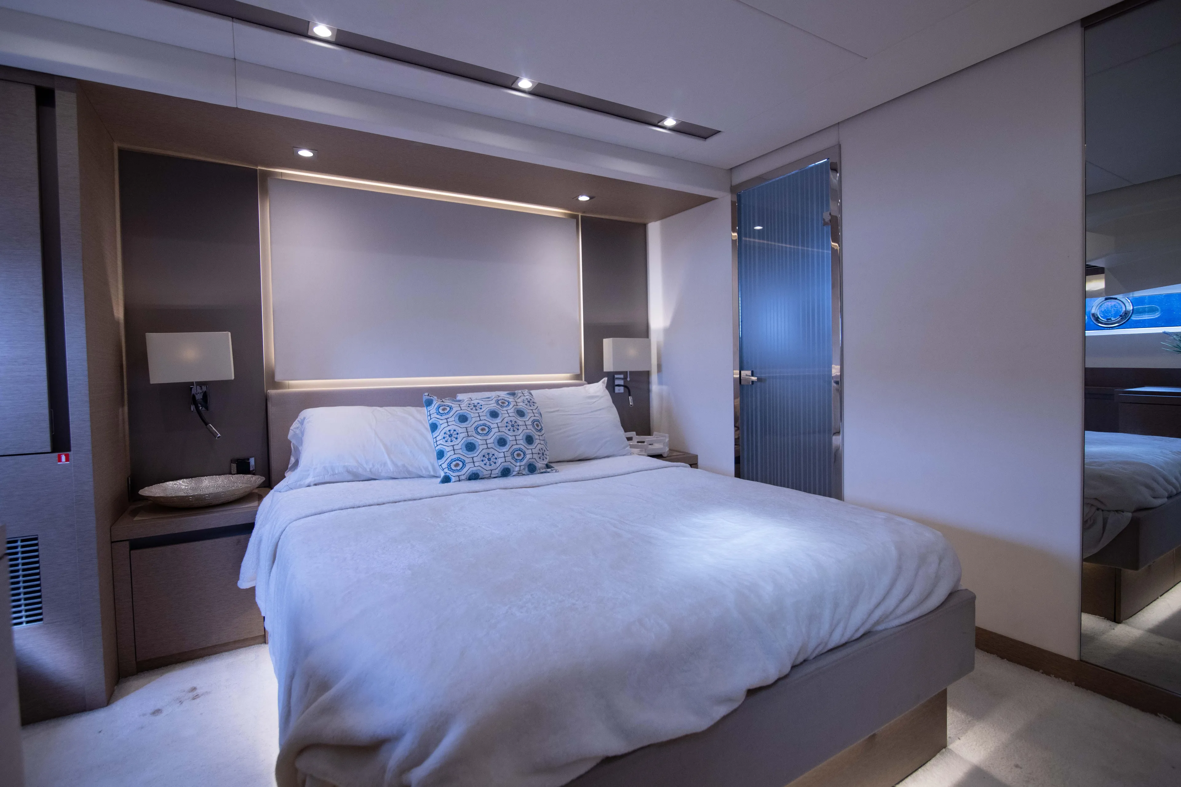 Prestige Worldwide Yacht Photos Pics Luxurious bedroom interior on 2018 Prestige 680 Flybridge yacht.