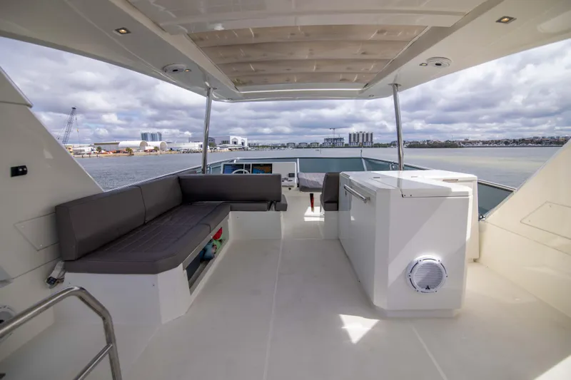 Prestige Worldwide Yacht Photos Pics Flybridge of 2018 Prestige 680 yacht with seating and ocean view.