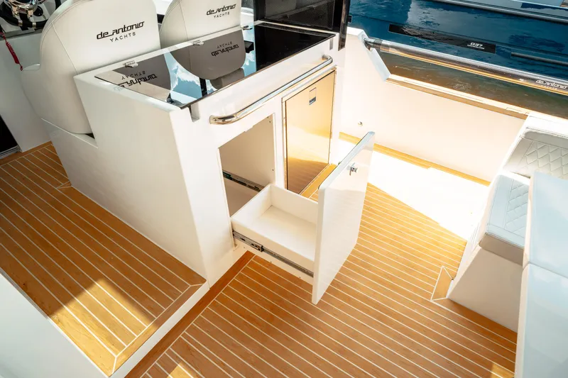  Yacht Photos Pics 2025 De Antonio Yachts D50 Coupé interior with sleek wood flooring and modern design.