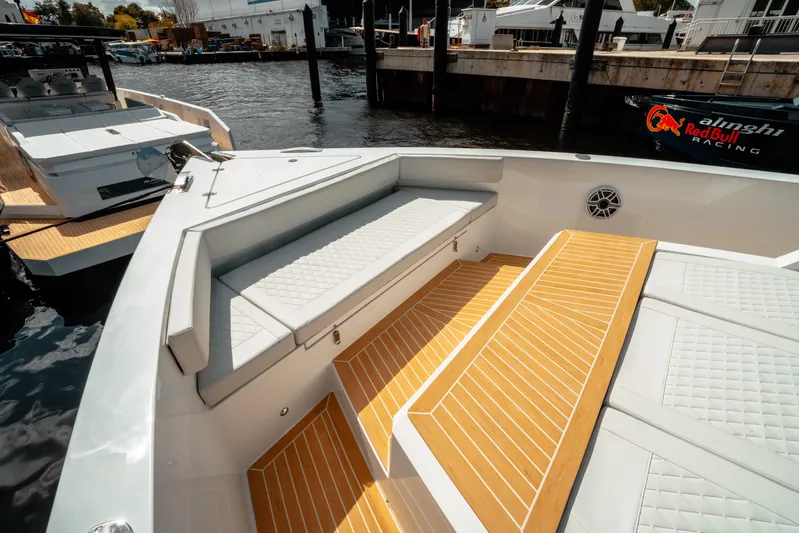  Yacht Photos Pics 2025 De Antonio Yachts D50 Coupé with elegant deck seating and modern design.