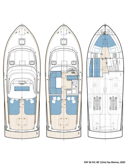 36 Fly Yacht Photos Pics Deck layout of Toy 36 Fly yacht, 2025 model, showcasing interior and exterior design.