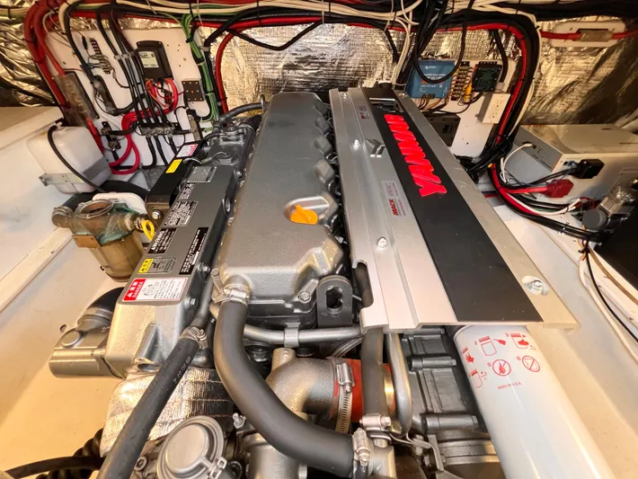 Indigo Yacht Photos Pics Engine room of 2007 Bruckmann 34e with Yanmar marine engine.