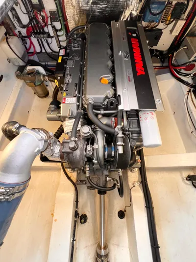 Indigo Yacht Photos Pics Engine room of 2007 Bruckmann 34e with Yanmar marine engine.