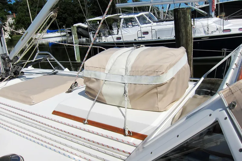 Dreamwalker Yacht Photos Pics 2008 Gozzard 41B sailboat deck with beige canvas cover and rigging.