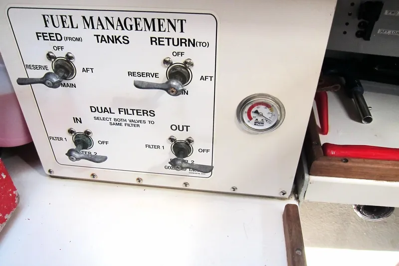 Dreamwalker Yacht Photos Pics Fuel management panel on a 2008 Gozzard 41B boat with dual filter controls.