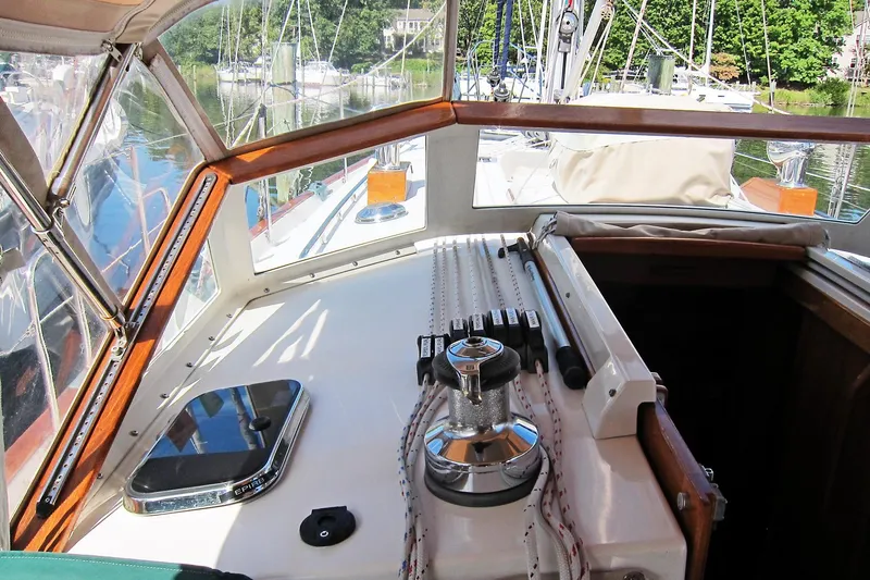 Dreamwalker Yacht Photos Pics Cockpit of 2008 Gozzard 41B sailboat with winch and ropes.