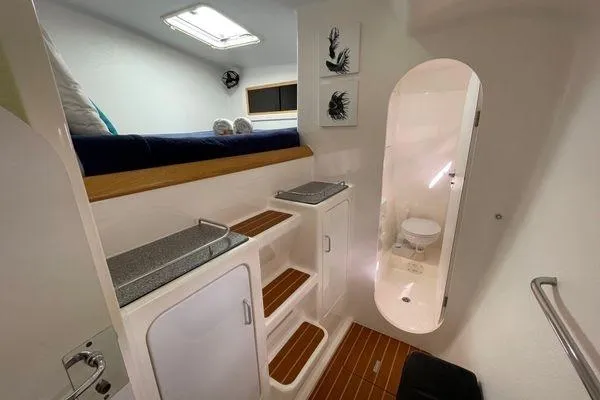 Knot Bad! Yacht Photos Pics Interior of 2008 Voyage Yachts 500, featuring a compact bathroom and cozy sleeping area.