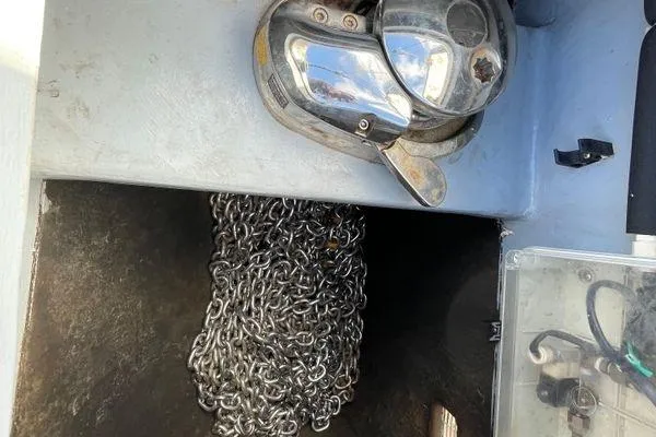 Knot Bad! Yacht Photos Pics Anchor chain compartment on a 2008 Voyage Yachts 500, featuring a winch system.