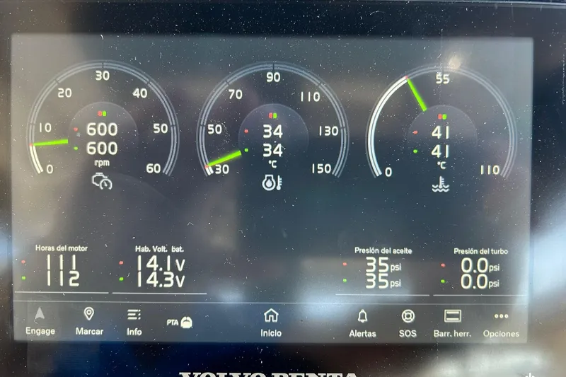 Esimar Yacht Photos Pics Dashboard of 2023 Solaris Power 40 Open showing engine metrics and battery voltage.