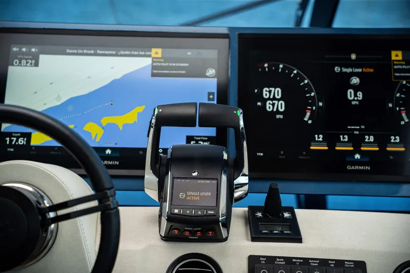  Yacht Photos Pics Cockpit of 2025 Dutch American DA 53 with advanced navigation displays and controls.