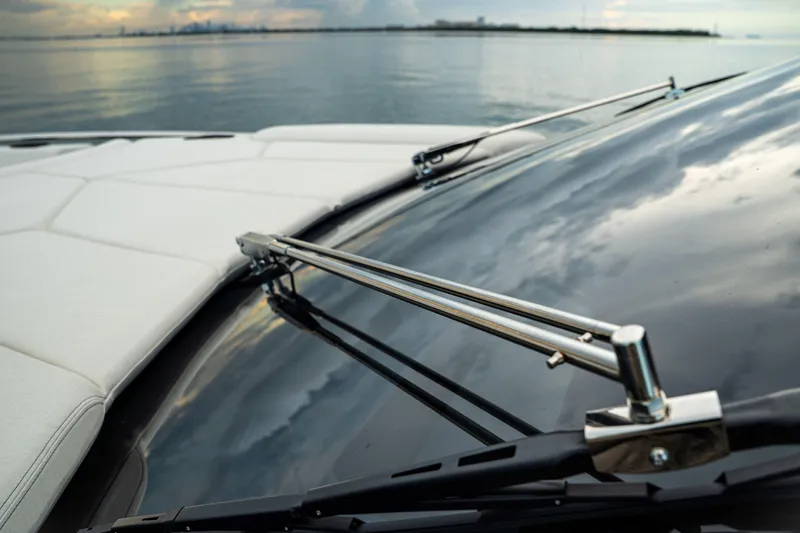  Yacht Photos Pics Close-up of Dutch American DA 53 yacht windshield wiper, 2025 model, with scenic water view.