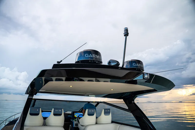  Yacht Photos Pics Luxury Dutch American DA 53 yacht with advanced Garmin navigation, 2025 model, on calm waters.