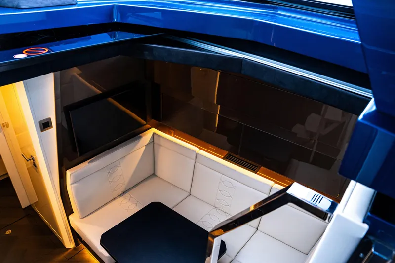  Yacht Photos Pics Luxurious interior of 2025 Dutch American DA 53 yacht with modern seating and sleek design.