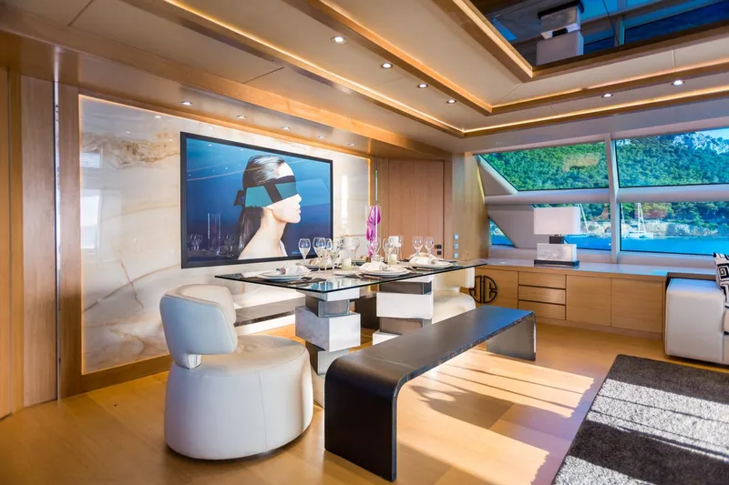 Aquarella Yacht Photos Pics Luxurious dining area on a 1994 Devonport yacht with modern decor and scenic views.