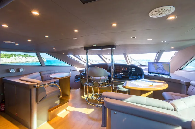 Aquarella Yacht Photos Pics Luxurious interior of 1994 Devonport yacht with modern navigation equipment and seating.
