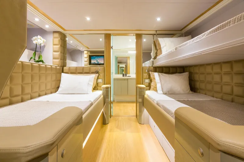 Aquarella Yacht Photos Pics Luxurious cabin interior of 1994 Devonport yacht with twin beds and elegant decor.