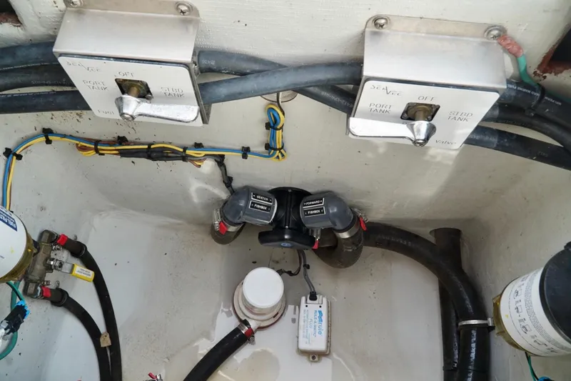  Yacht Photos Pics 2017 SeaVee 34Z boat fuel system with labeled valves and hoses.
