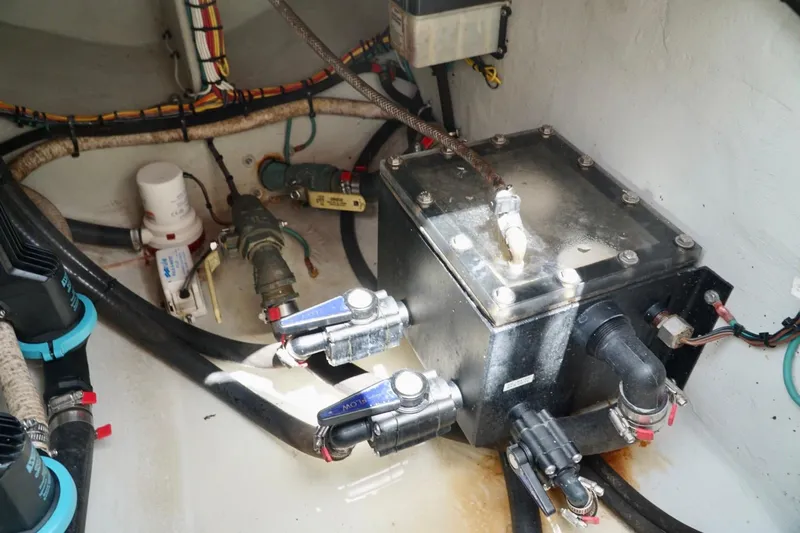  Yacht Photos Pics 2017 SeaVee 34Z boat engine compartment with wiring and plumbing components.