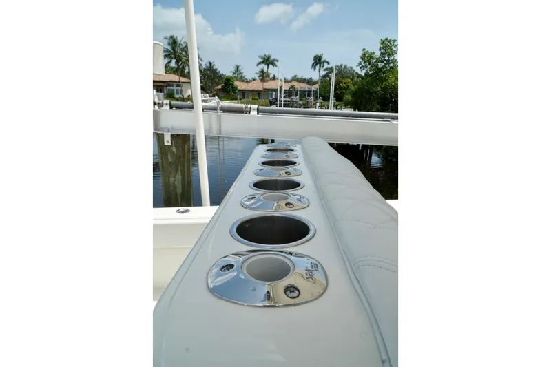 Yacht Photos Pics 2017 SeaVee 34Z boat with multiple stainless steel cup holders on deck.