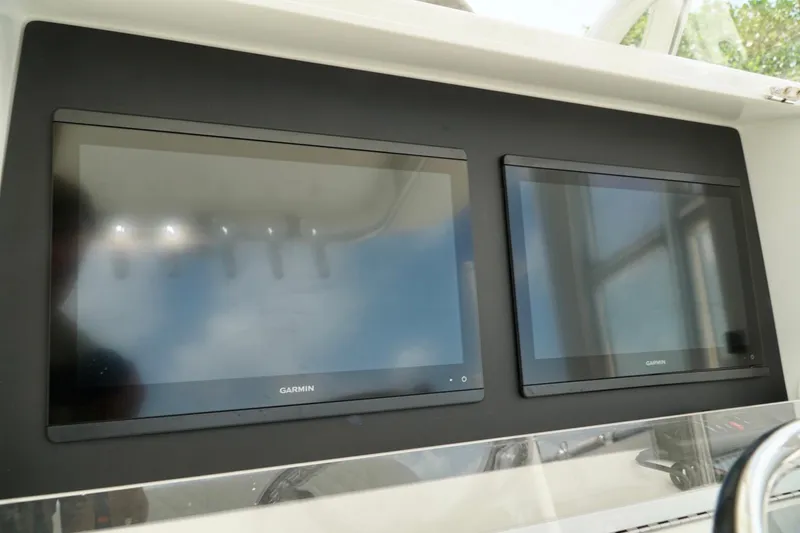  Yacht Photos Pics Dual Garmin displays on 2017 SeaVee 34Z boat dashboard.