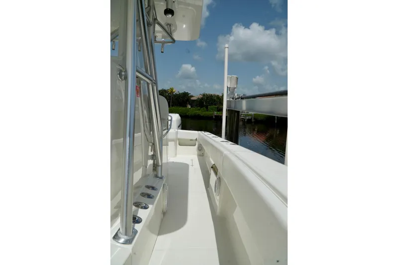  Yacht Photos Pics 2017 SeaVee 34Z boat deck with stainless steel railings, under a clear blue sky.