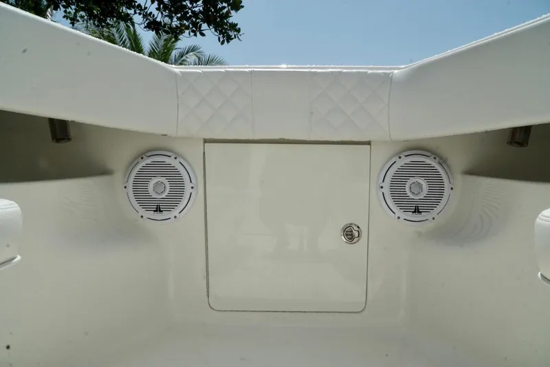  Yacht Photos Pics 2017 SeaVee 34Z boat interior with speakers and storage compartment.