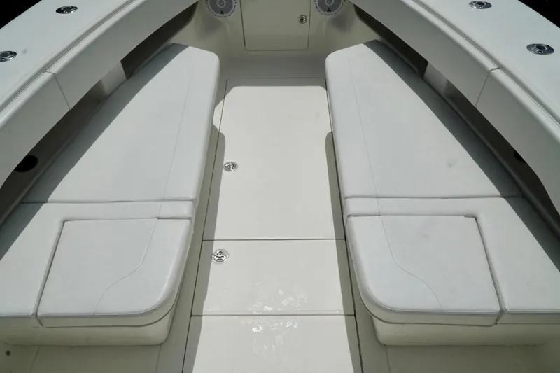  Yacht Photos Pics 2017 SeaVee 34Z boat interior with white cushioned seating and sleek design.