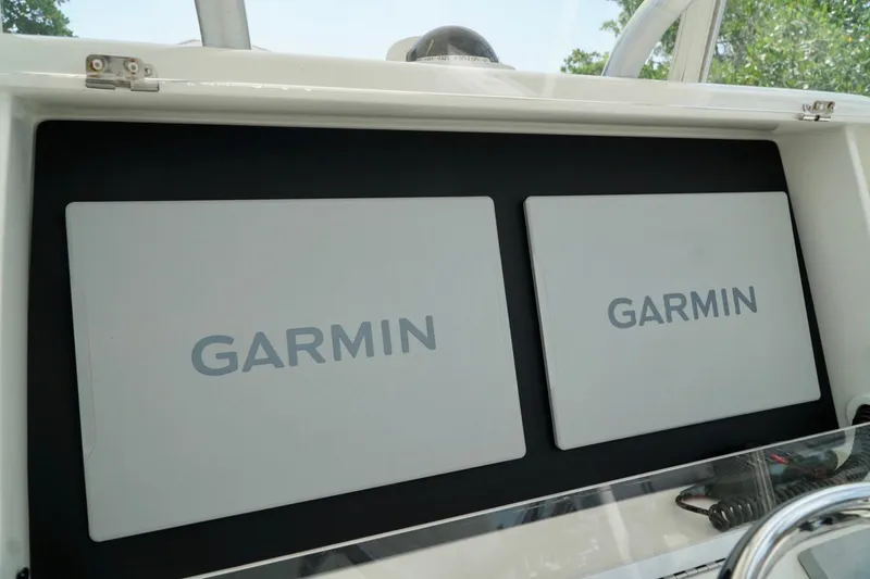  Yacht Photos Pics Dual Garmin displays on 2017 SeaVee 34Z boat dashboard.