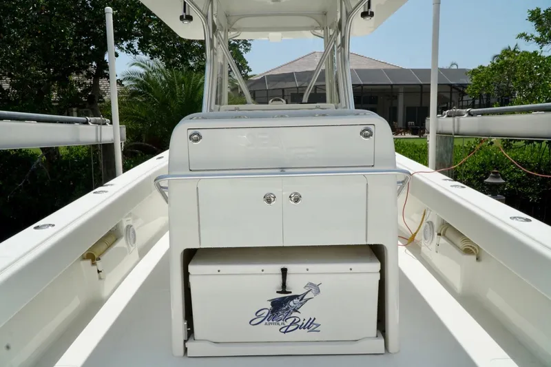  Yacht Photos Pics 2017 SeaVee 34Z boat deck with storage and fishing equipment.