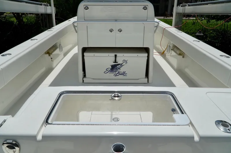  Yacht Photos Pics 2017 SeaVee 34Z boat interior with storage compartments and fishing gear.