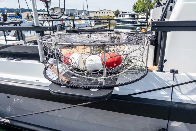  Yacht Photos Pics Crab pot on Targa 46 boat, 2025 model, docked at marina.