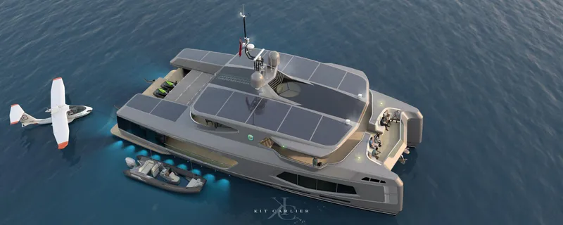  Yacht Photos Pics Futuristic 2025 Mazarin Globemaster yacht with solar panels, seaplane, and tender in ocean setting.