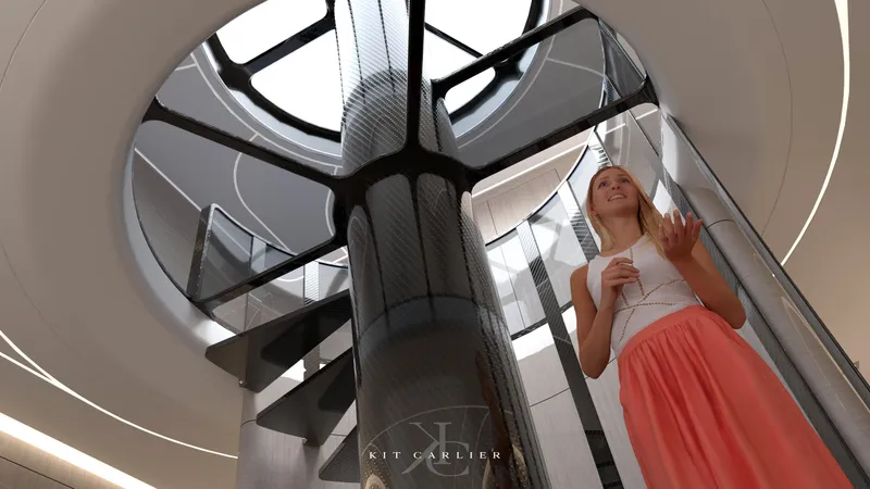  Yacht Photos Pics Modern yacht interior with spiral staircase, featuring a person in a bright skirt, 2025 Mazarin Globemaster.