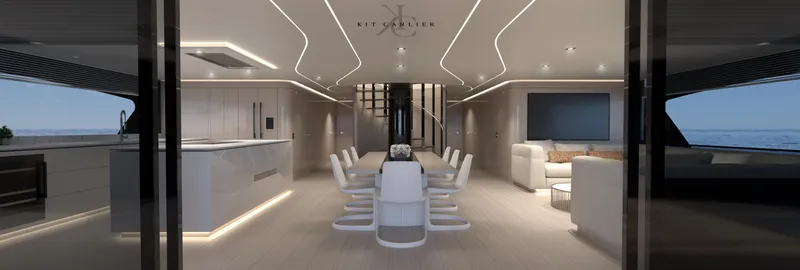  Yacht Photos Pics Luxurious interior of 2025 Mazarin Globemaster yacht, featuring modern design by Kit Carlier Design NZ.