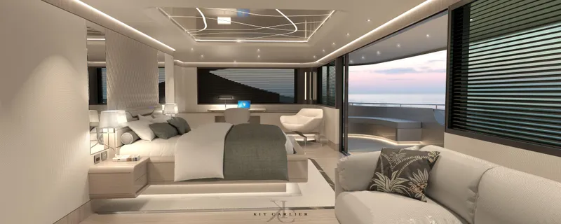  Yacht Photos Pics Luxurious yacht bedroom interior with modern design, featuring ocean view and elegant furnishings, 2025 Mazarin.