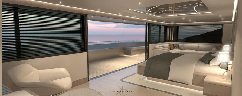 Yacht Photos Pics Luxurious yacht interior with modern design, featuring a spacious bedroom and ocean view.