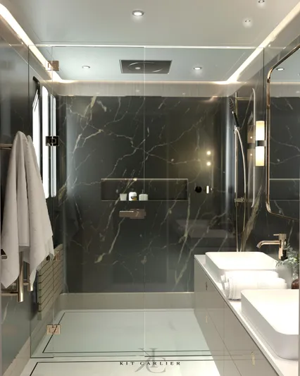  Yacht Photos Pics Luxurious yacht bathroom with marble walls, modern fixtures, and elegant lighting, designed by Kit Carlier.